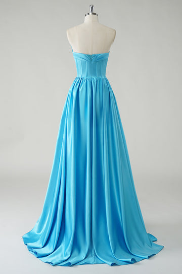 Sparkly Blue A-Line Strapless Sequin Corset Long Prom Dress